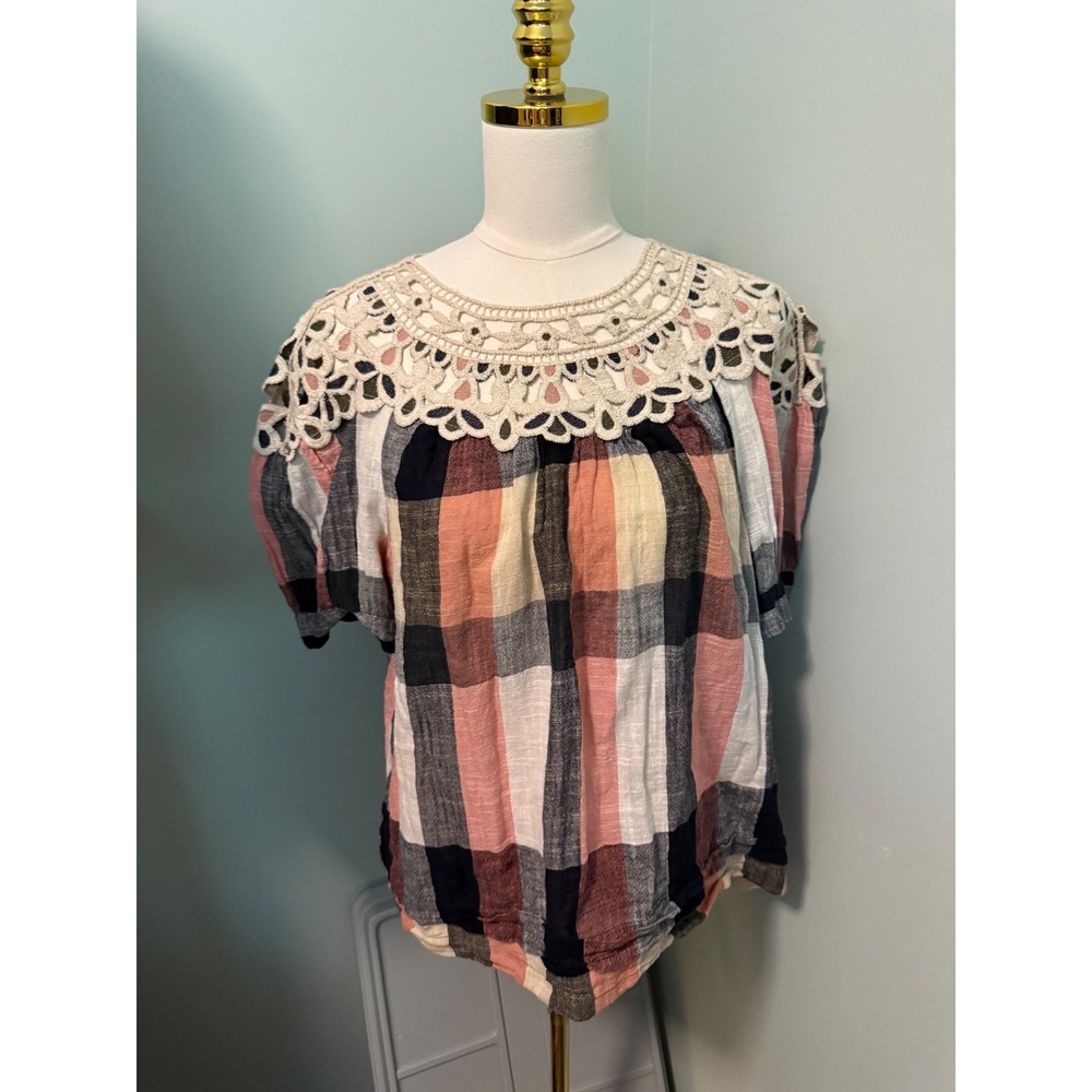 Anthropologie Plaid Crochet Lace Yoke Blouse Pink Navy XL